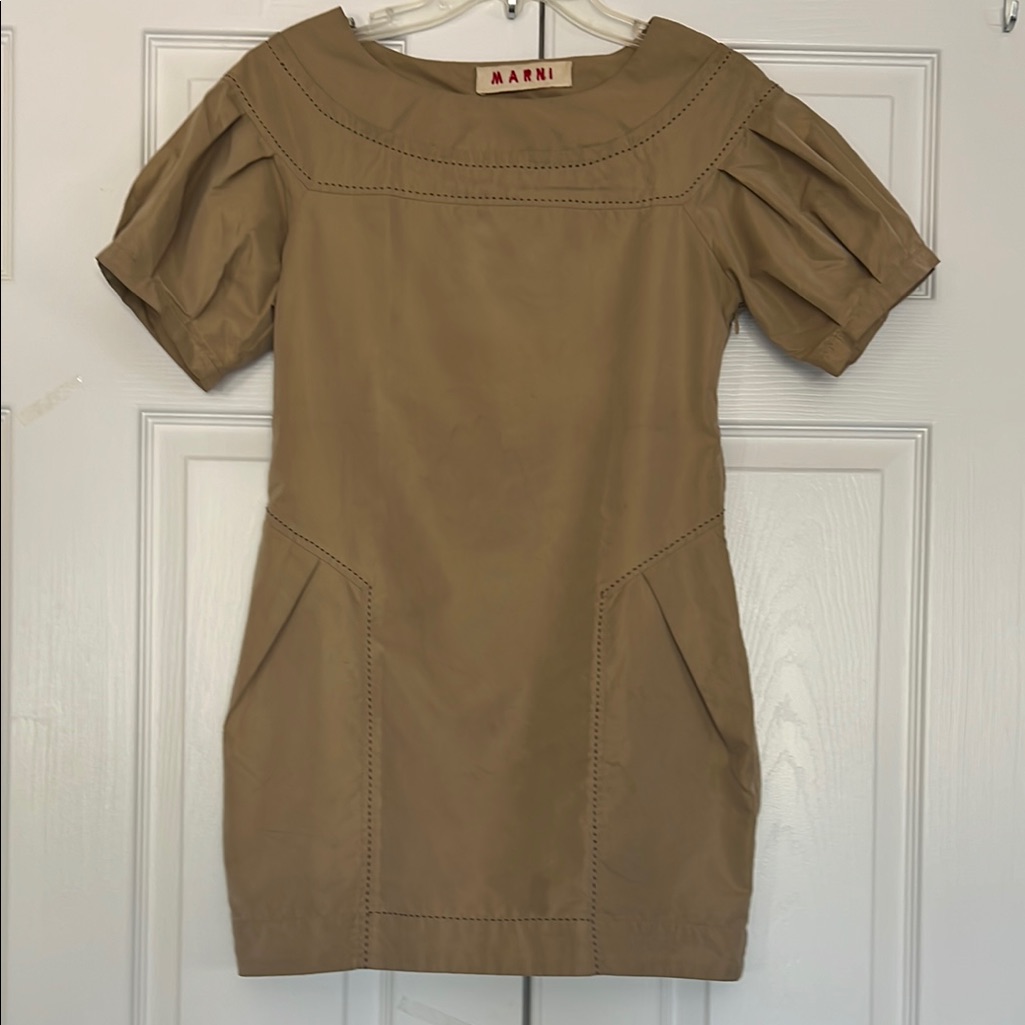 Vintage Marni Tan Puff Sleeve Sheath Mini Dress Adorned With Detailed Stitching